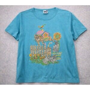 VTG 90S CAT GRAPHIC T SHIRT 2XL BLUE PUFF PRINT WHIMSICAL